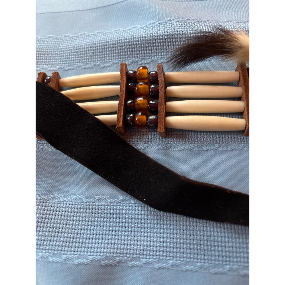 Choker Necklace Bone Beads Feather Button Leather Cord Tribal Boho southwestern - Picture 4 of 6